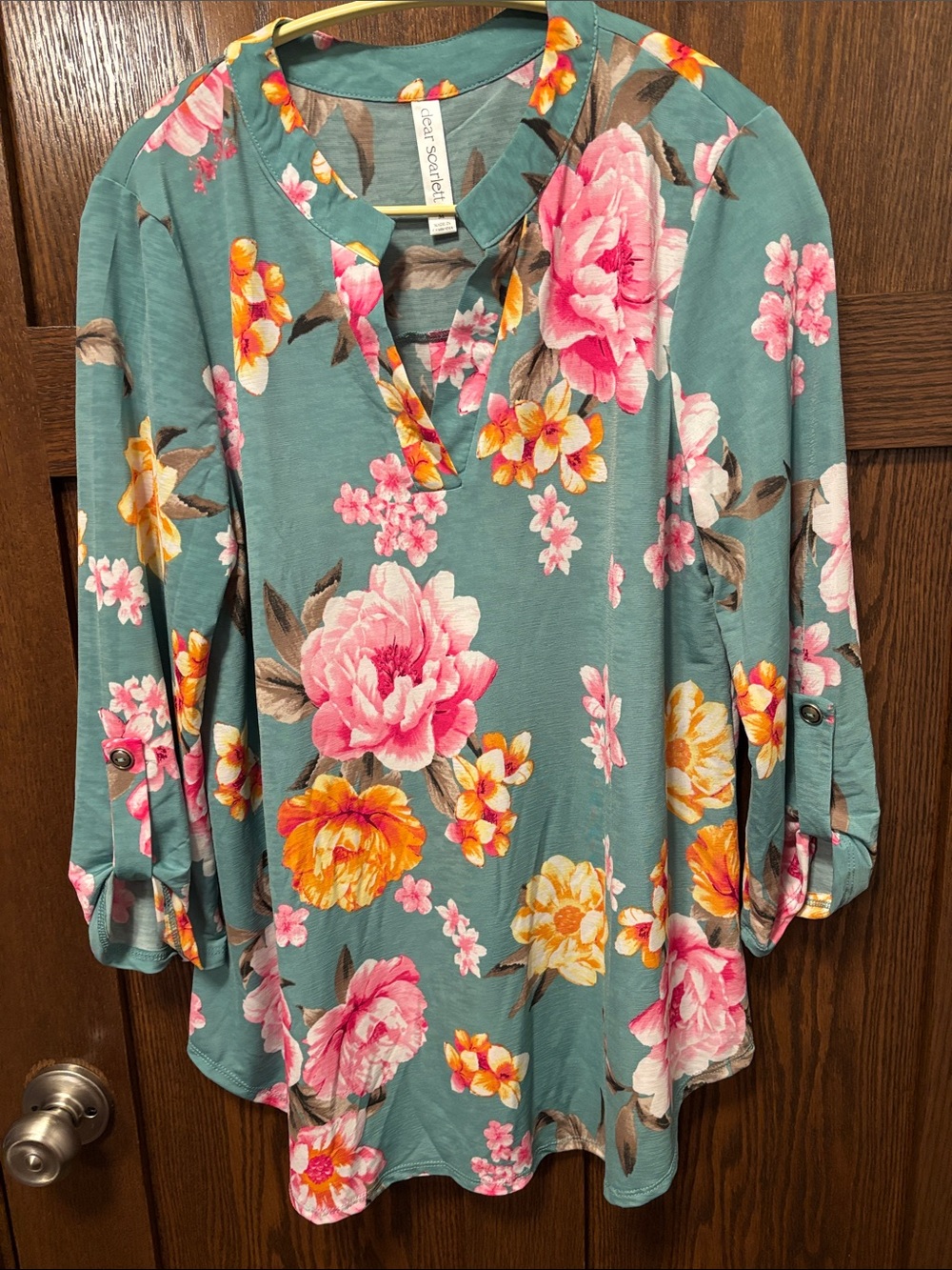Dear Scarlett Teal Floral Tunic with Pink & Yellow Blooms. Medium